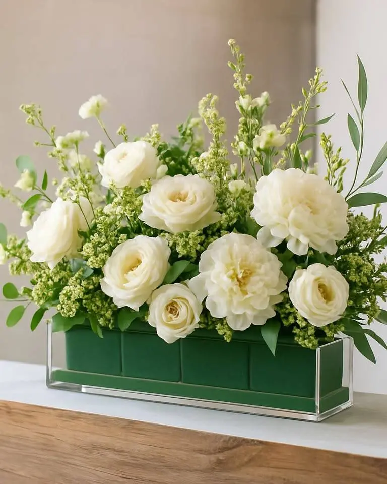 Large rectangular acrylic vase designed for substantial floral or greenery arrangements. The clear acrylic creates a modern, clean aesthetic and makes stems and water visible for an organic, deconstructed look. A versatile standalone centerpiece for guest tables.