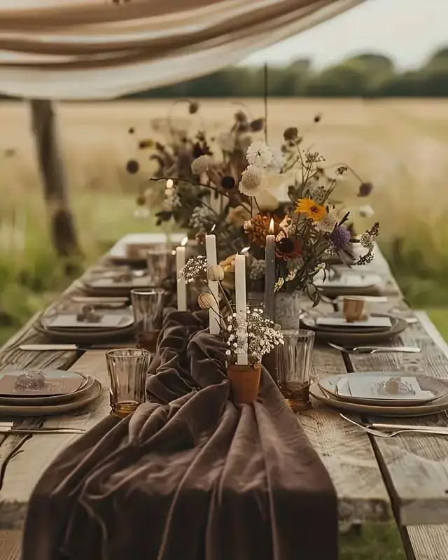 Luxurious brown velvet table runner that adds warmth, texture, and richness to banquet tables. The velvet sheen catches candlelight beautifully, creating a warm, intimate dining atmosphere. Drapes generously over standard 6foot tables with elegant overhang.