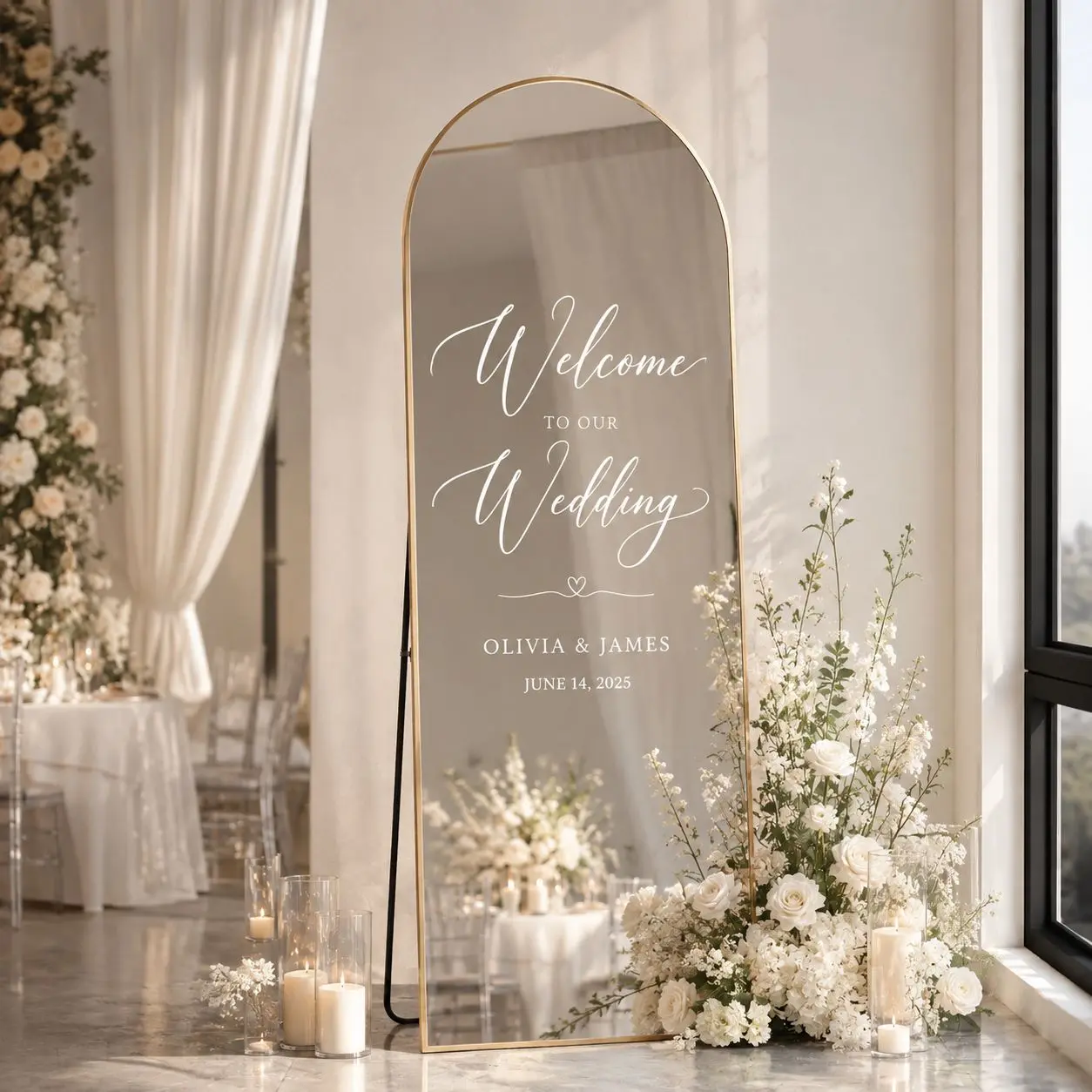Elegant gold arched floor mirror that creates a beautiful statement piece for weddings and special events. Perfect for welcome signage, seating charts, ceremony displays, or decorative photo areas. The freestanding design and slim gold frame complement modern, romantic, and classic event styles.