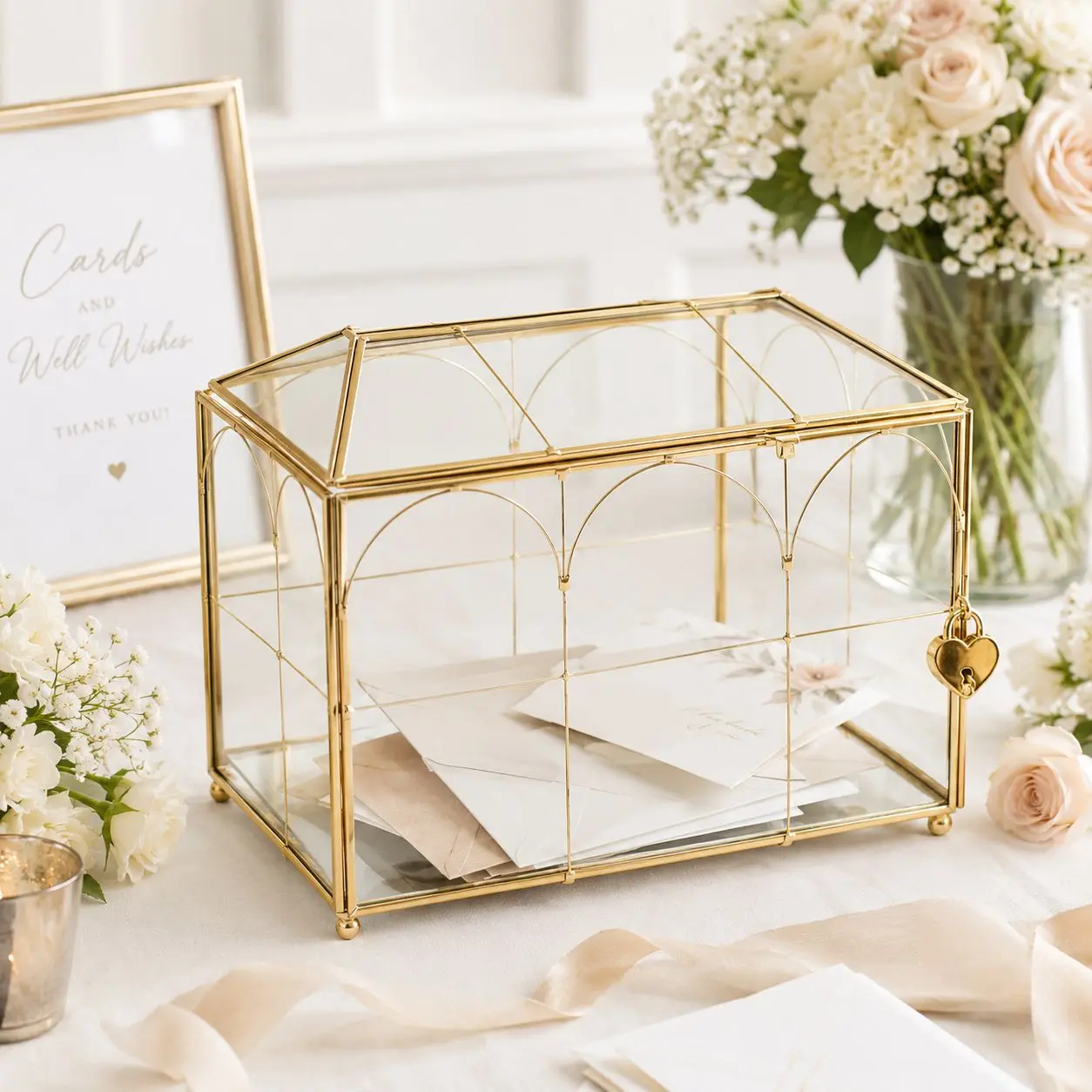 Elegant gold and glass card box featuring decorative arched detailing and a secure heart-shaped lock. Add a romantic touch to wedding and event displays.