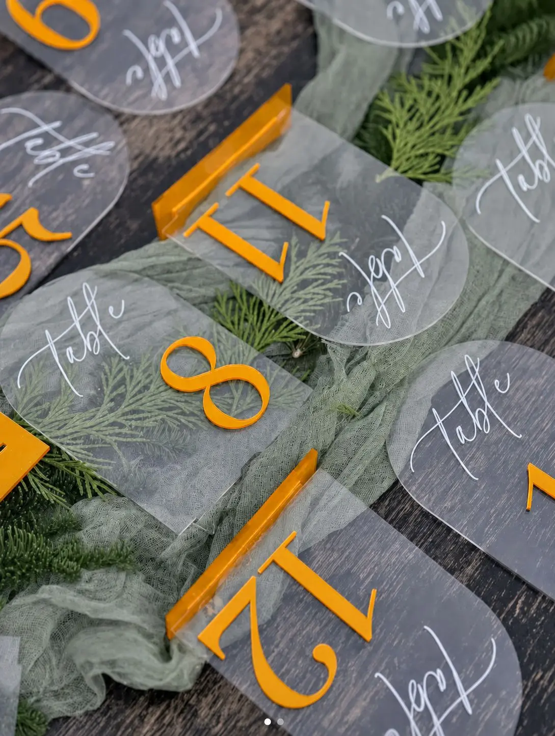 Gold acrylic table numbers for your wedding or event: a set of 10 arch-shaped numbers (1 through 10) in a polished gold finish. Add the 11-20 and 21-30 sets for larger receptions.