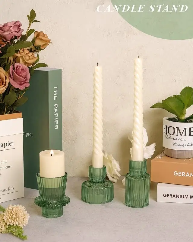 Earthy green glass candle holders for tealights and votives. The green tint adds an organic, garden-fresh quality to tablescapes and pairs perfectly with our sage napkins and green glass pillar holders for a cohesive botanical palette.