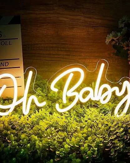 A warm-white LED neon sign spelling 'Oh Baby' - perfect for baby showers, gender reveal parties, and nursery-themed celebrations. The soft neon glow photographs beautifully and creates an instant focal point.