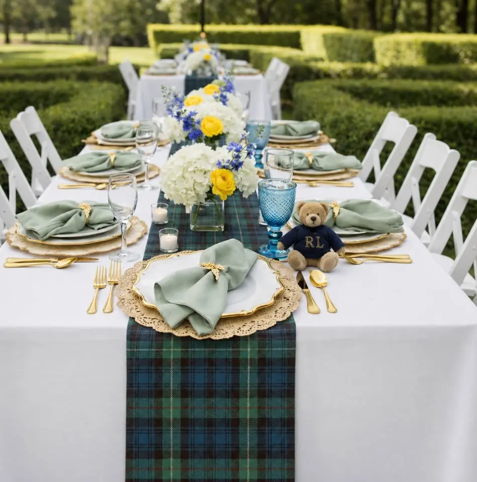 Classic plaid table runners in green and blue — perfect for creating a timeless, preppy tablescape for baby showers, birthdays, and styled events. If you're going for a Ralph Lauren-inspired look, these are the perfect finishing touch. Available in two sizes to fit a variety of table lengths.