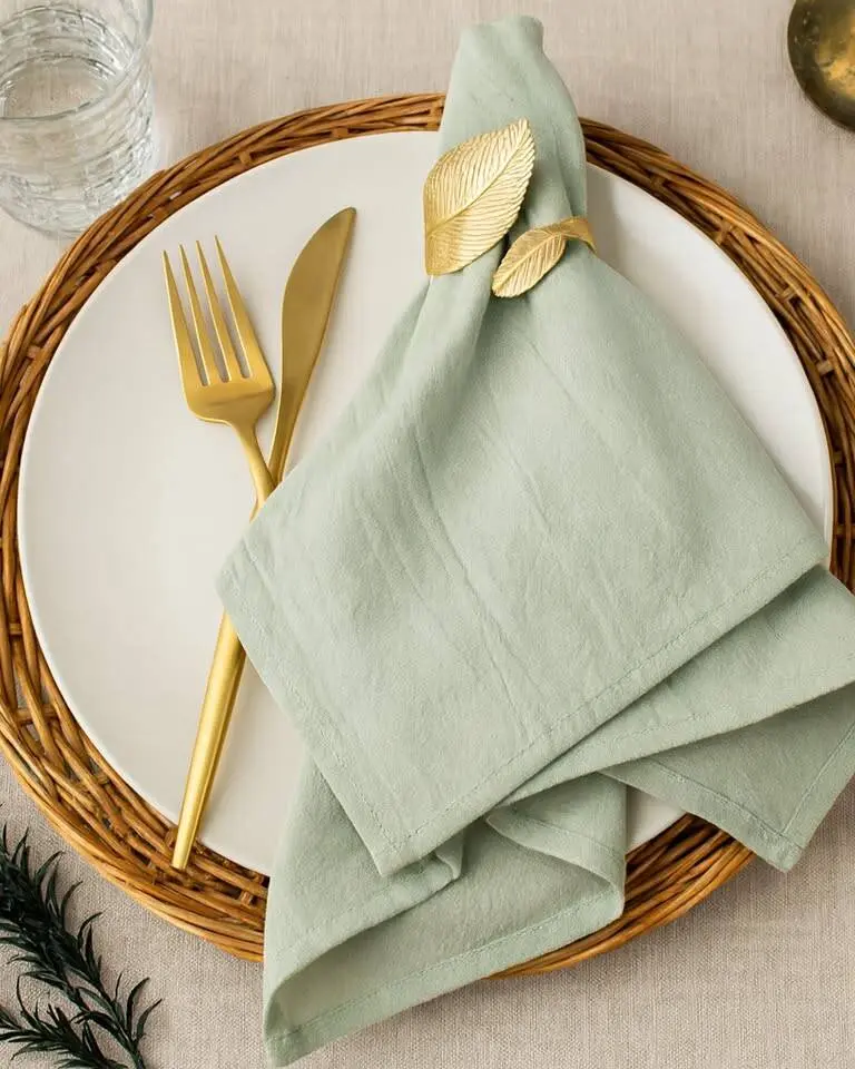 Soft sage green cotton napkins that complement BC's natural greenery beautifully. Our most popular linen item - these fly off the shelves for garden, vineyard, and outdoor weddings. The muted green tone pairs with virtually every colour palette from blush to burgundy to terracotta.