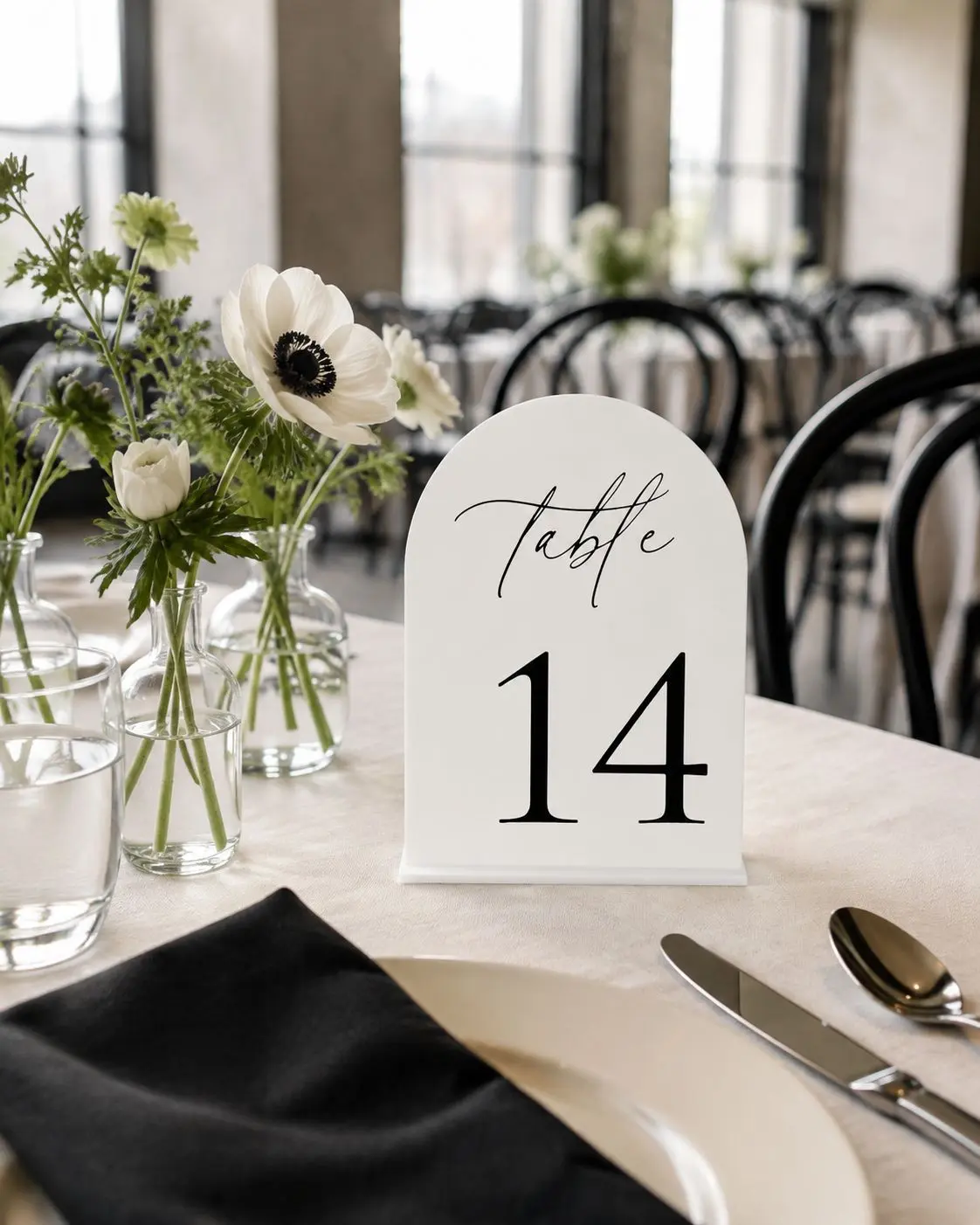 Set of 10 white acrylic arch table numbers (11 through 20) to rent for larger weddings and events. Extends our table number collection past table 10 and matches the 1-10 set for a cohesive gold look across every guest table.