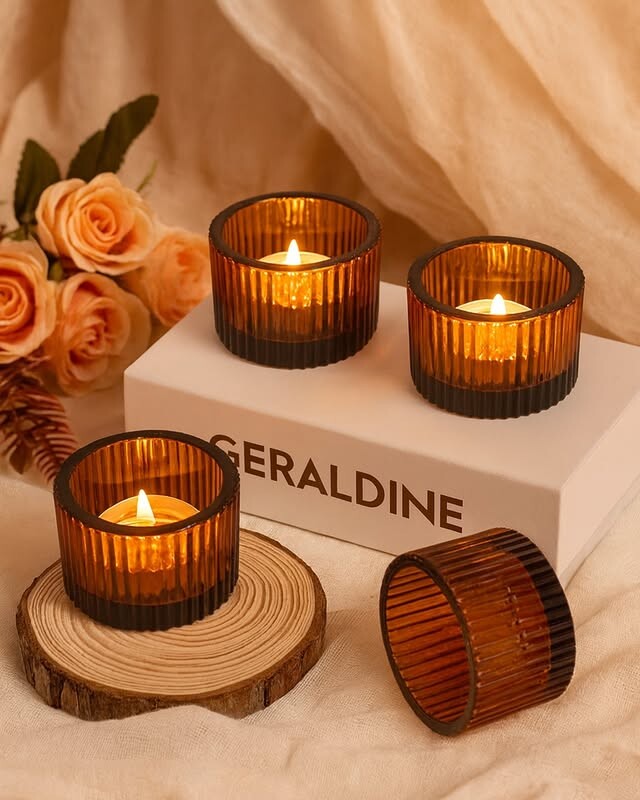 Amber-toned glass tealight holders with a gorgeous rippled texture. The amber colour casts a warm golden glow that creates an intimate, romantic atmosphere. Beautiful mixed with our clear and green holders for a collected, eclectic tablescape.