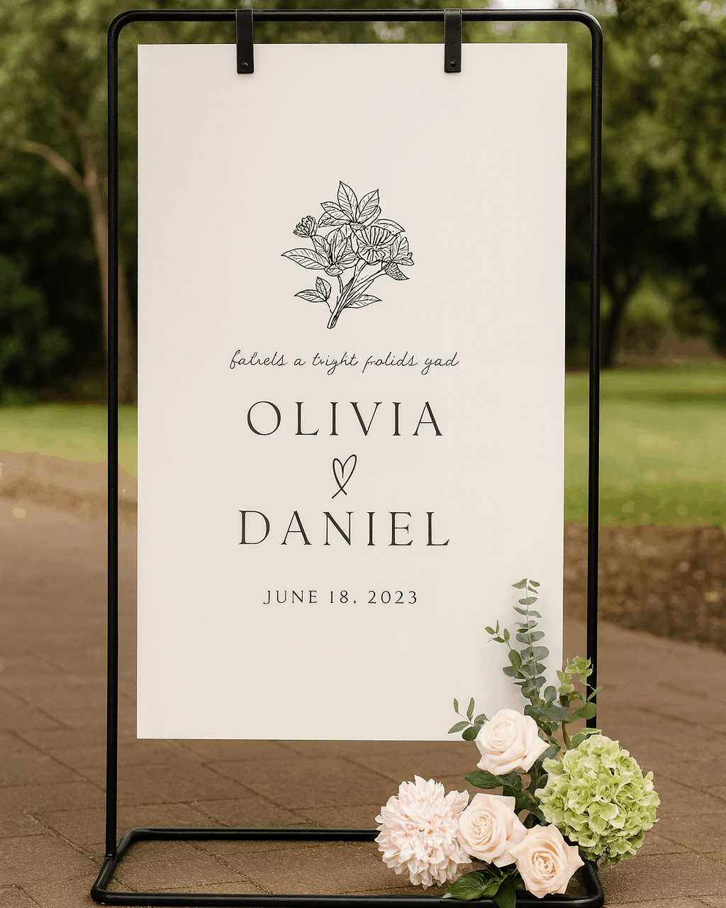 Matte black metal hanging sign stand for a modern, dramatic look. Perfect for displaying welcome signs, menus, programs, and seating charts. The black finish creates bold contrast and suits modern, industrial, and moody wedding aesthetics.