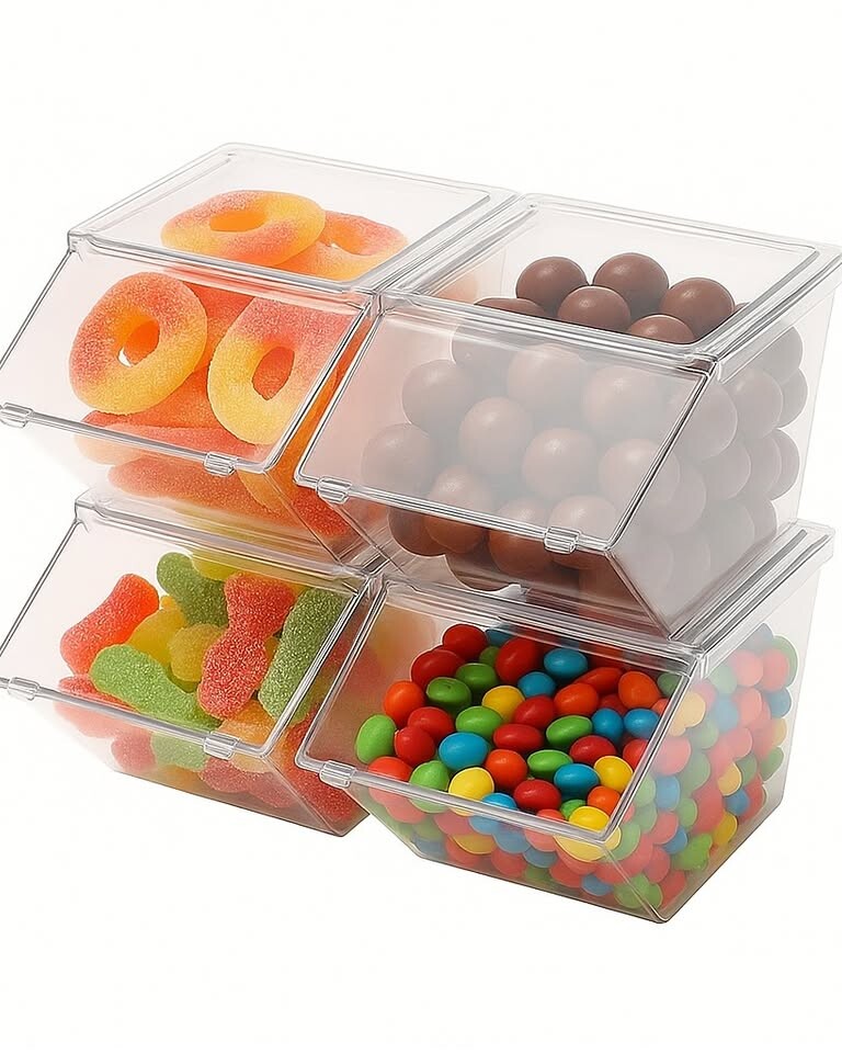 Clear stackable display boxes for candy, treats, and favours. Create a professional candy bar or dessert station at weddings, baby showers, and holiday parties. The transparent design showcases colourful contents and stacks for a tiered display effect.