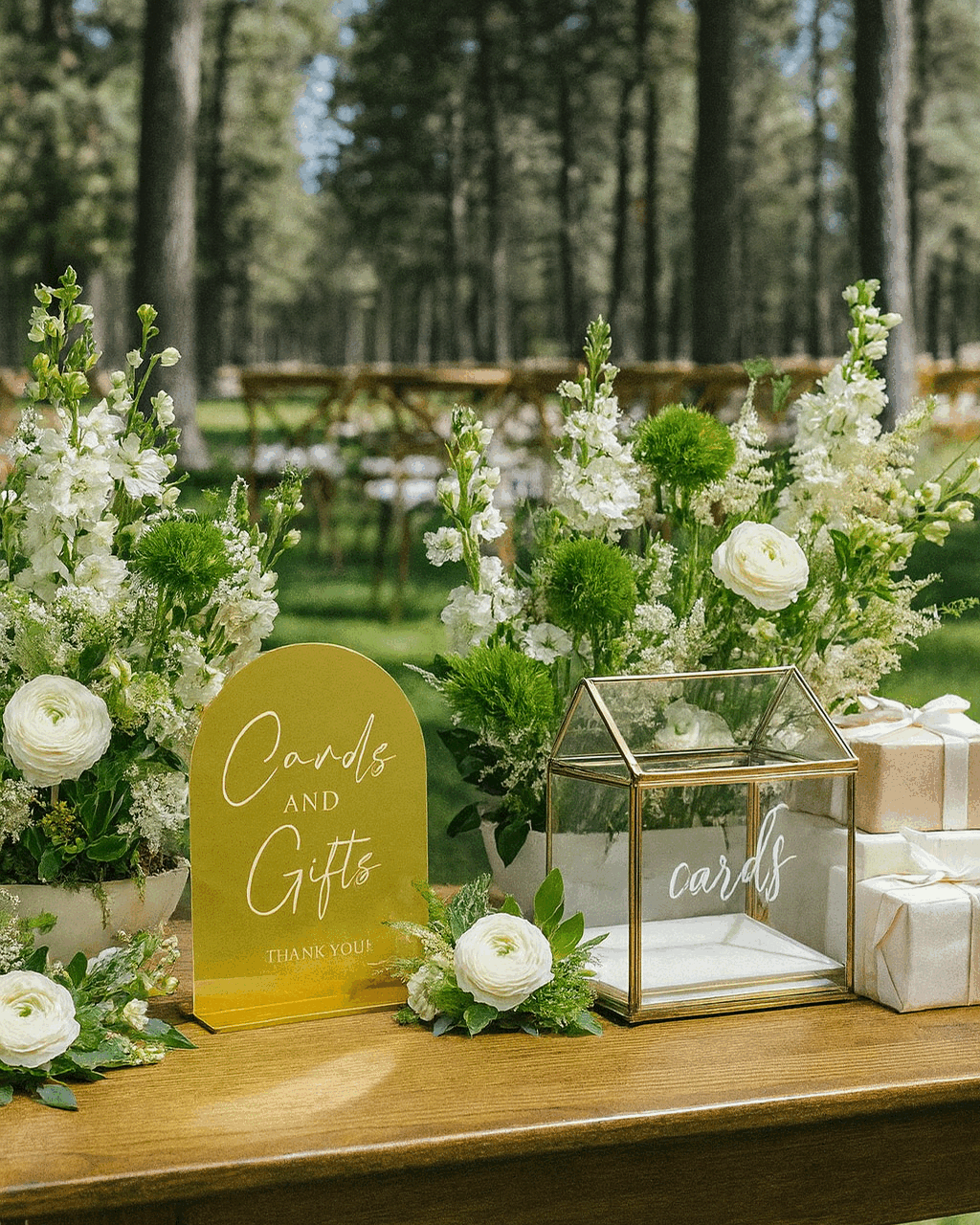 Gold-finished acrylic arch sign reading 'Cards & Gifts.' Place near your card box and gift table to direct guests. Coordinates with our full acrylic signage family and pairs with either our wooden or acrylic card boxes.