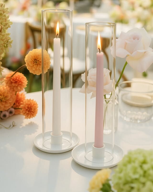 Clear glass candle shades that protect flames from drafts while creating a refined, elevated look. Place over taper candles in our candlestick holders for added elegance and wind protection at outdoor events. The glass diffuses light softly.