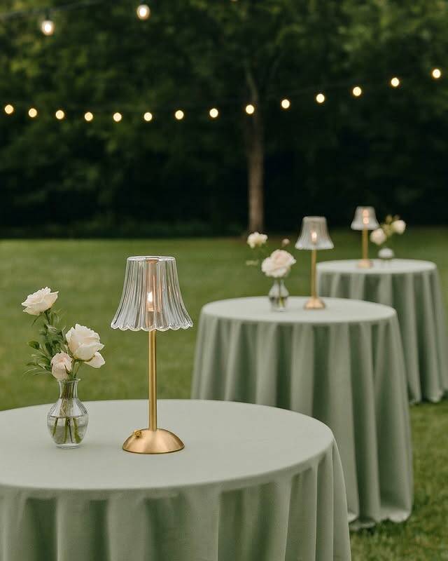 Warm, cordless LED table lamp that creates intimate ambiance without open flames. The flickering LED mimics real candlelight in photos and looks stunning on guest tables, bar areas, and cocktail stations. Ideal for venues with flame restrictions, tented events, and outdoor settings where wind is a factor.