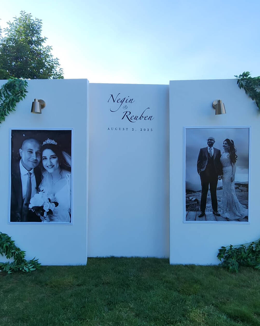 Our signature statement piece. This stunning three-panel backdrop stands approximately 8 feet tall with integrated working lamps that cast warm, ambient light. Creates a dramatic focal point for ceremonies, sweetheart tables, and photo areas. The warm glow is especially striking during golden hour and evening receptions. Freestanding design requires no wall mounting - compatible with every venue type.