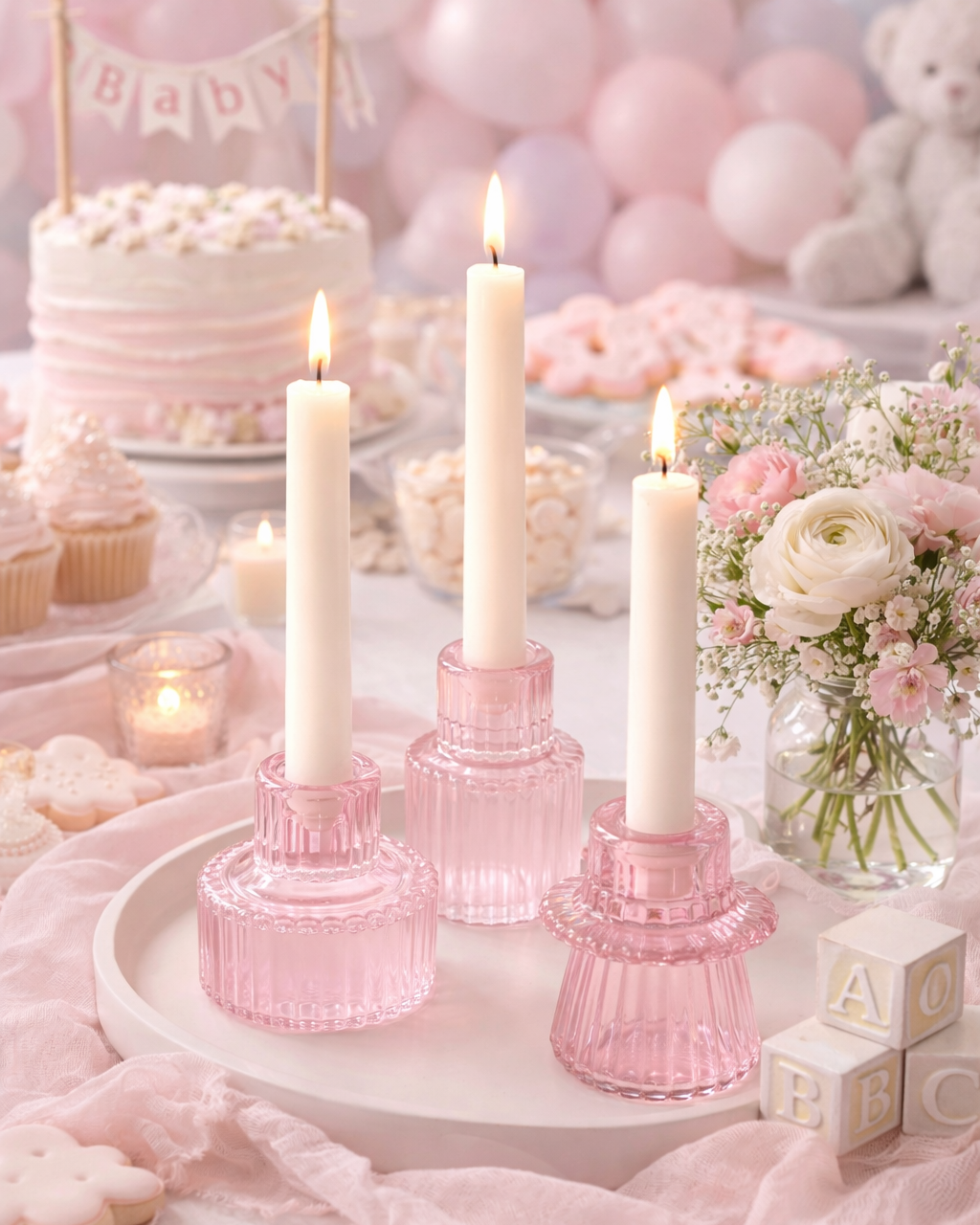 Soft pink glass candle holders that add romantic warmth to any tablescape. Beautiful for spring and summer weddings, bridal showers, and garden parties. Pair with our pink mini bud vases for a coordinated blush colour story.