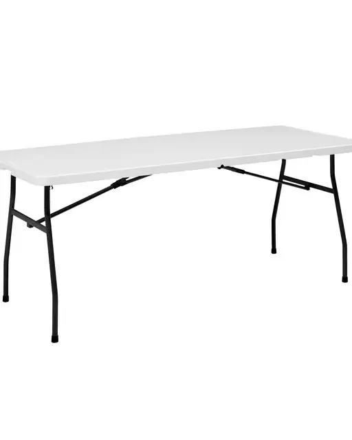 Sturdy 6-foot white foldable table for dessert bars, gift stations, welcome setups, DJ equipment, and any additional surface needs. Commercial-grade construction with a clean white finish. Folds flat for easy positioning and pairs with our velvet table runners.