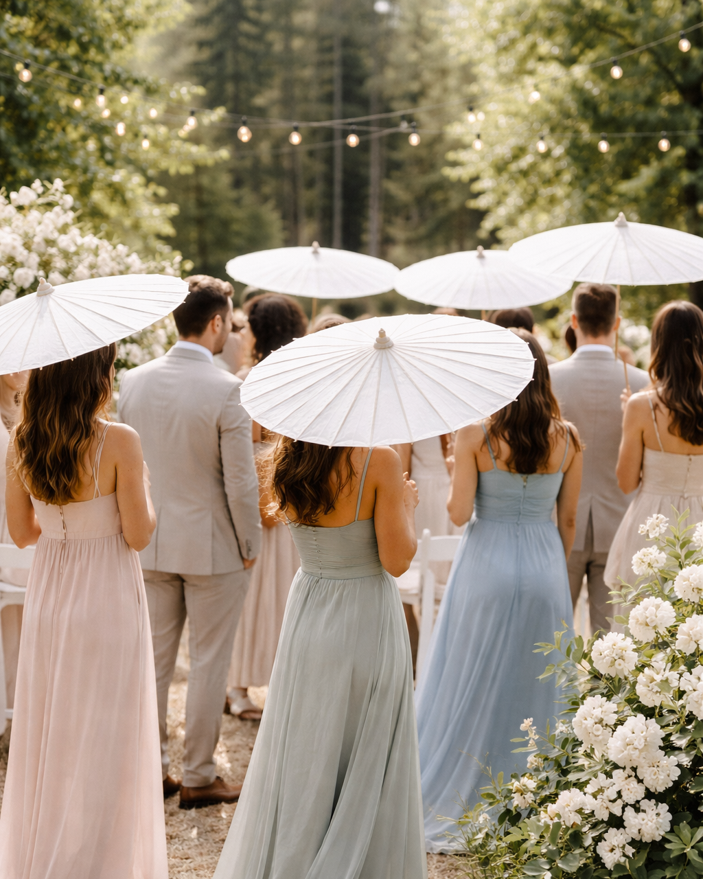 Delicate white paper parasols that add whimsical charm to outdoor ceremonies and styled photos. Offer light sun coverage and serve as beautiful ceremony decor when opened along an aisle. Also popular as guest accessories for sunny outdoor events.