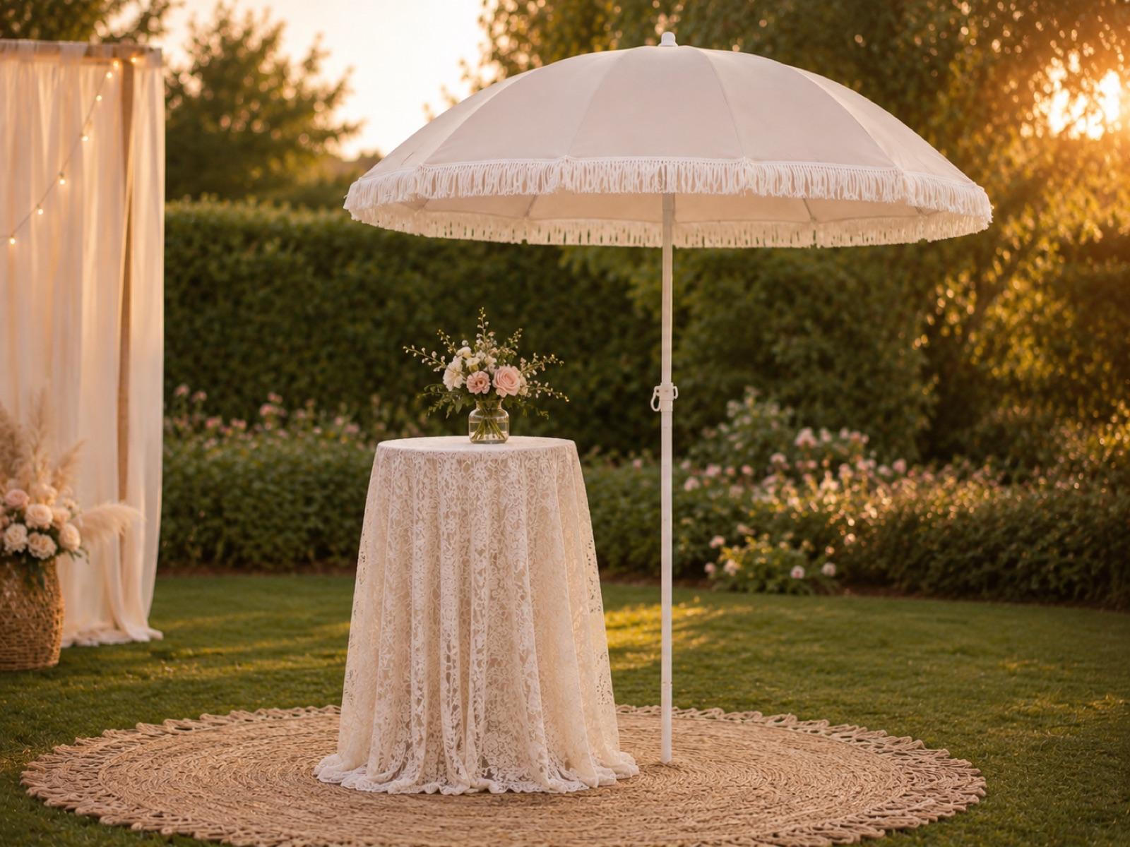 A stunning 7-foot Beige umbrella with bohemian fringe detail that makes a statement at outdoor ceremonies and cocktail hours. Comes with grass anchors for secure lawn placement. Provides shade while adding editorial, photogenic style to your outdoor event.