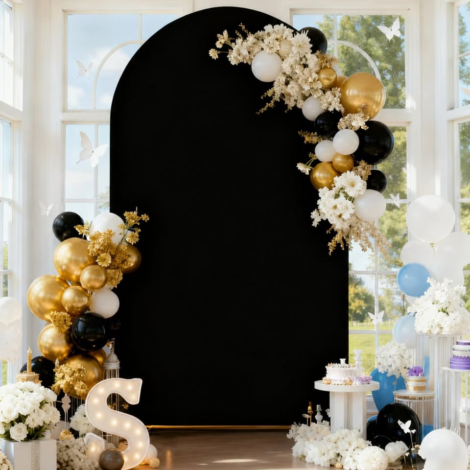 A sleek black arched backdrop cover that creates a clean, polished finish for any event setup. Easy to customize with balloons, florals, signage, neon signs, decals, or themed décor. Also available in green. Freestanding and compatible with a variety of venue types.