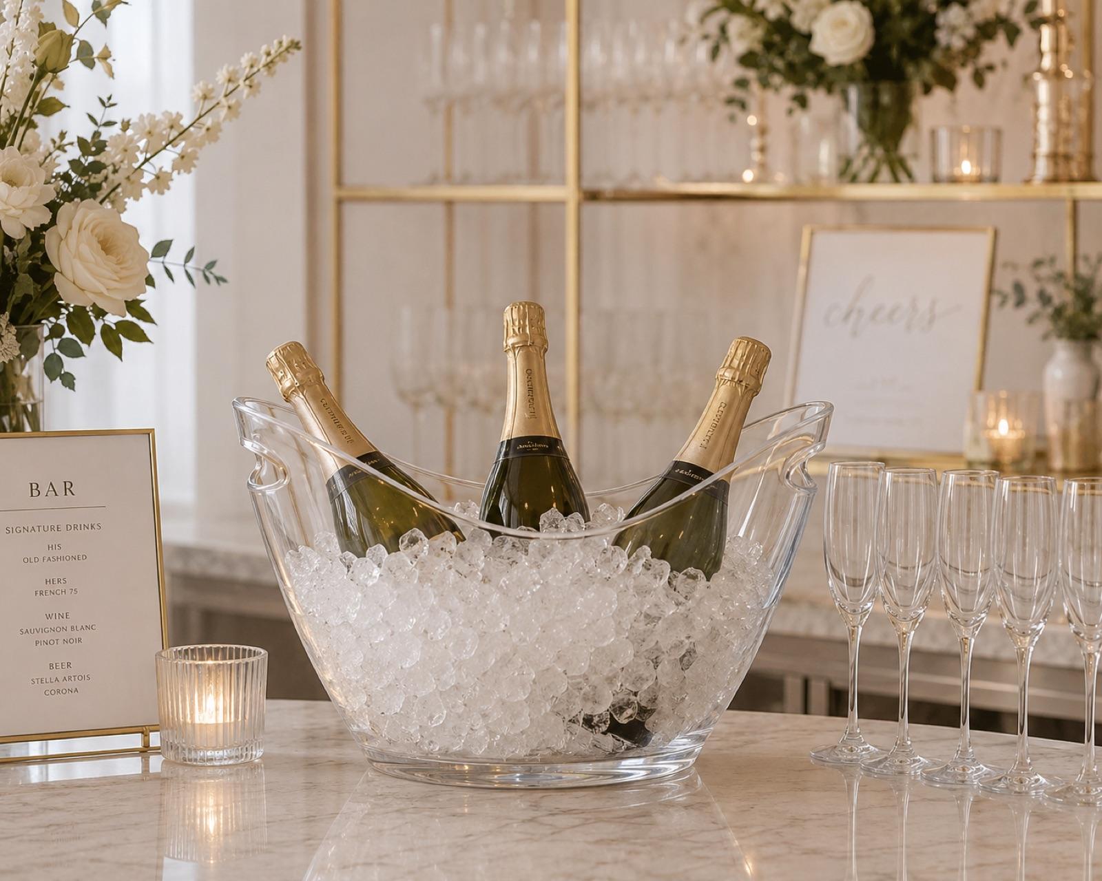 Clear acrylic ice and drink bucket perfect for creating a polished bar setup or drink station at weddings and events. Great for chilling champagne, wine, sparkling water, and canned beverages. Includes a stainless steel scoop. 8L capacity.