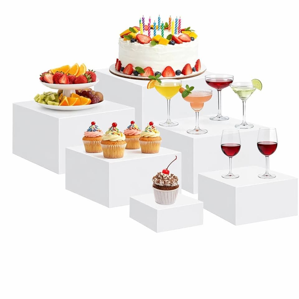 Set of 6 white acrylic buffet risers in graduated heights — a great way to elevate dessert tables, appetizers, welcome tables, and event displays. Perfect for weddings, bridal showers, baby showers, parties, and catered events. This set includes six heights: 5, 6, 7, 8, 9, and 10 inches.
