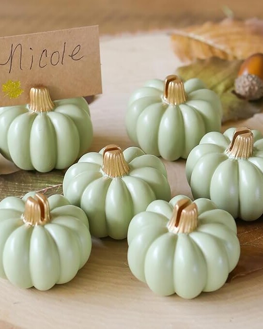 Adorable mini pumpkin place card holders that add an autumn harvest touch to fall weddings and Thanksgiving celebrations. Each pumpkin holds a standard place card in its stem slot. Creates a charming, seasonal detail guests will notice and appreciate.
