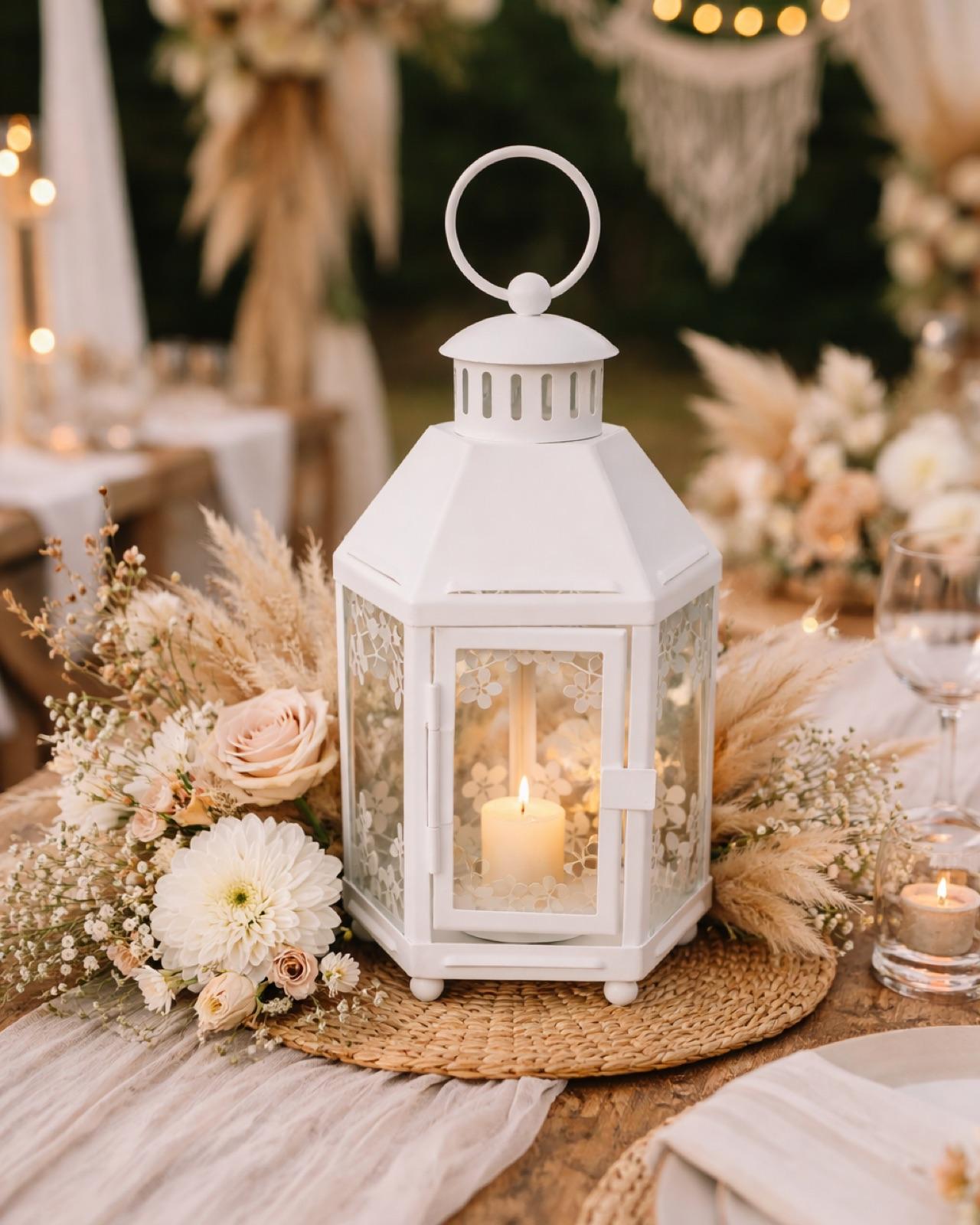 A white lantern with intricate floral cutout patterns that cast beautiful shadow patterns when lit. The floral design adds romantic detail to ceremony aisles, cocktail areas, and reception tablescapes. Holds a standard votive or LED candle.