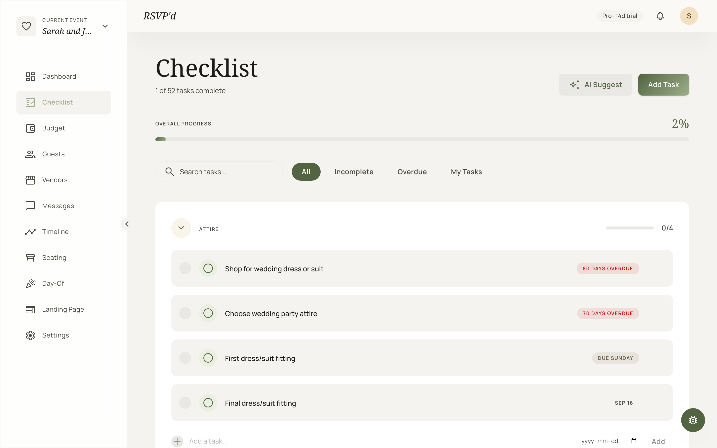 RSVP'd checklist grouped by planning phase, with items checked off and due dates across the months leading up to the event.