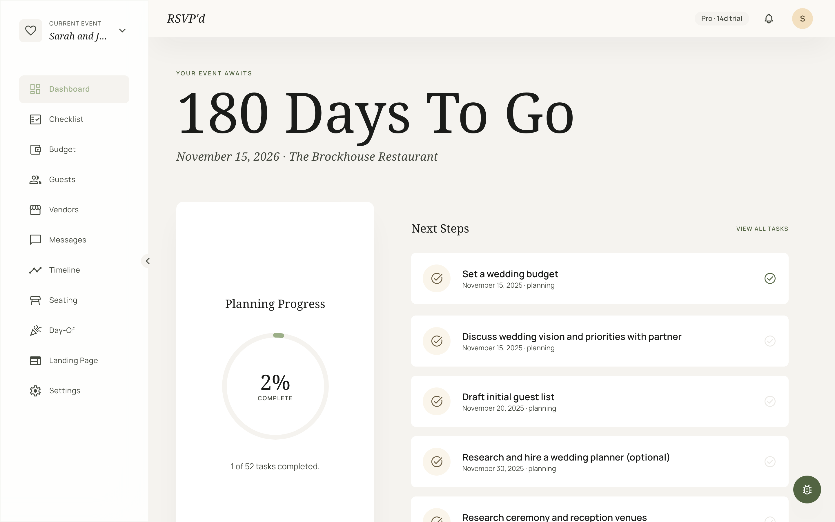 RSVP'd dashboard for Sarah and Joe's wedding, 180 days out, with planning progress and next steps.