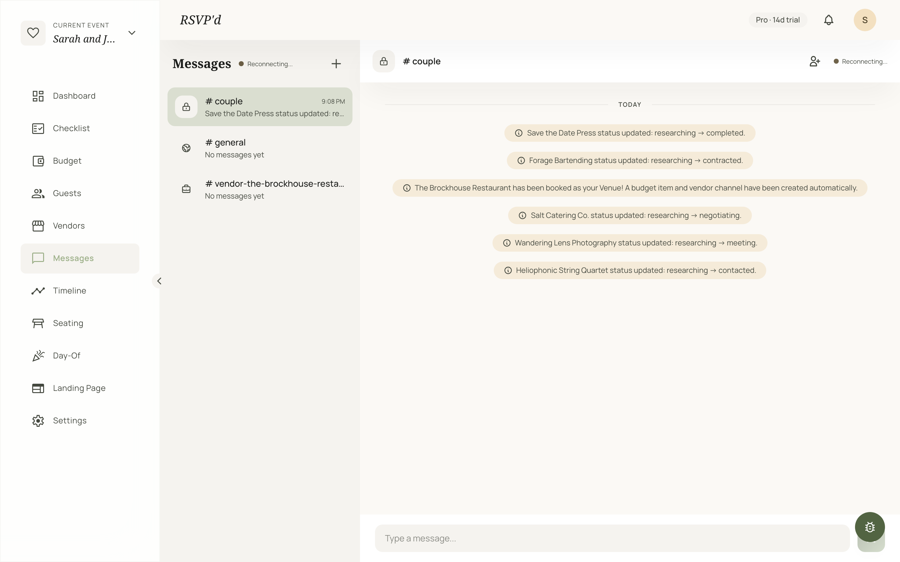 RSVP'd messages view showing the AI auto-advancing vendor statuses as replies come in.