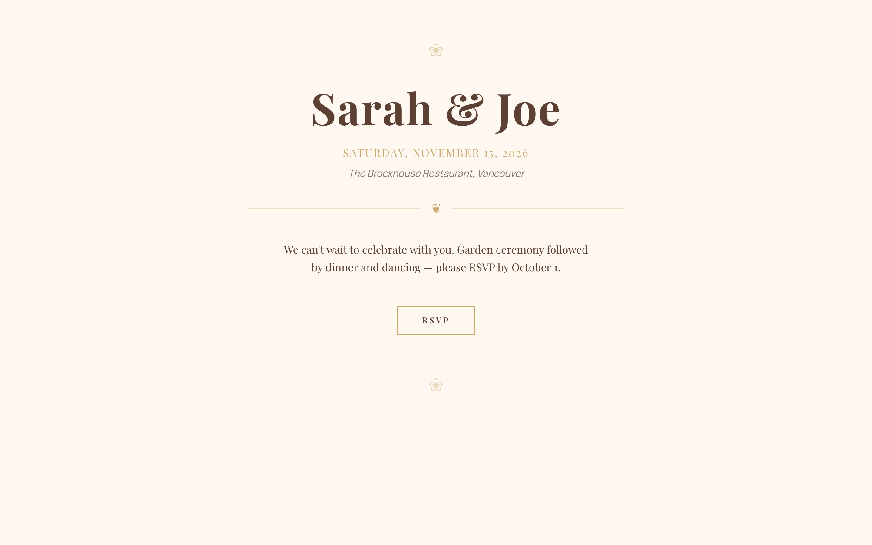 Public RSVP page for Sarah and Joe's wedding showing the headline, date, venue, and a prominent RSVP button.