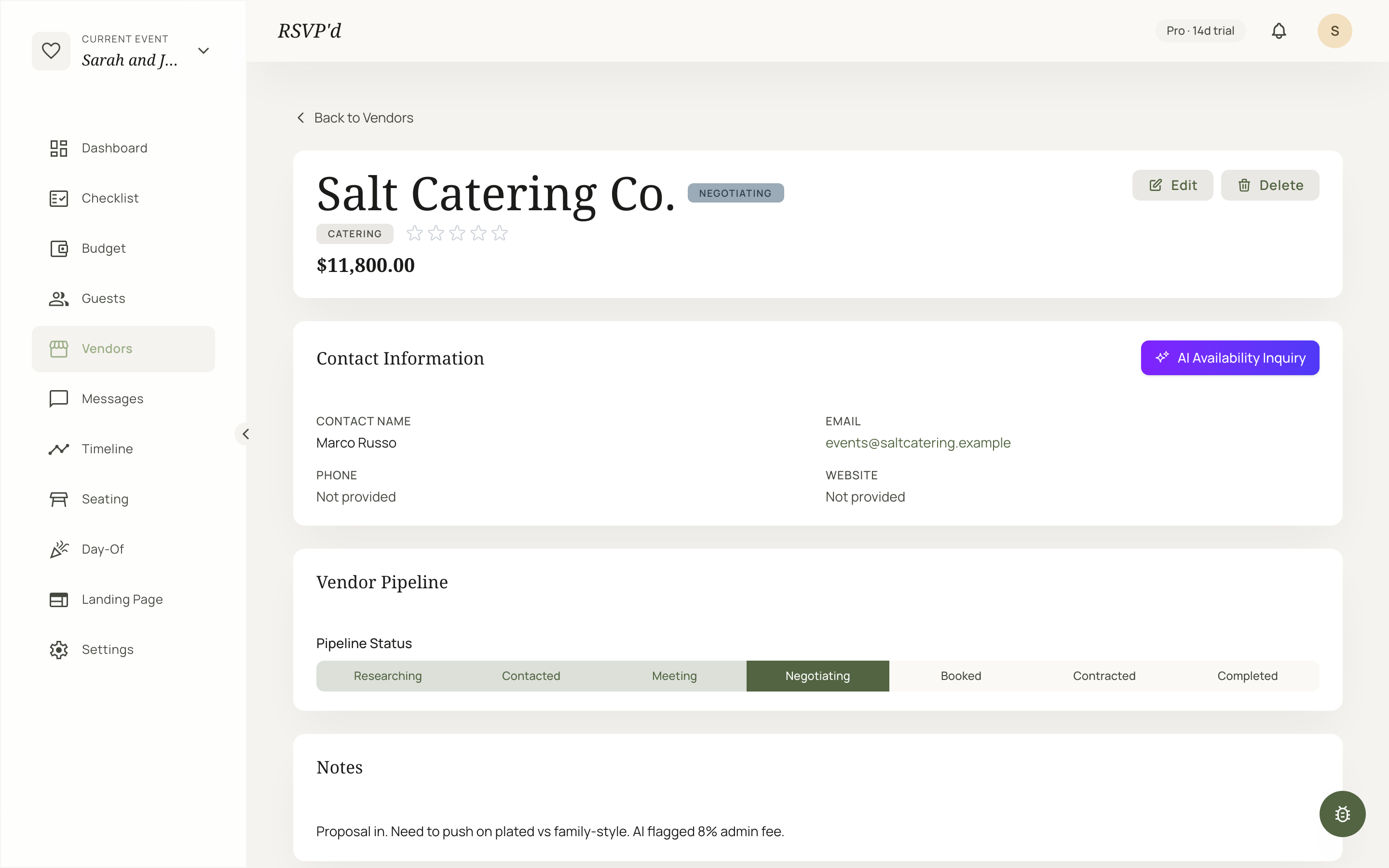 Salt Catering vendor detail page with an AI availability inquiry button and pipeline status across all seven stages.